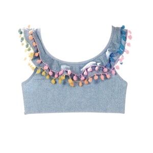 NWOT Pilyq Girls Light Denim Glitter Sparkle Pastel Pom Pom Ruffle Bikini Top 8